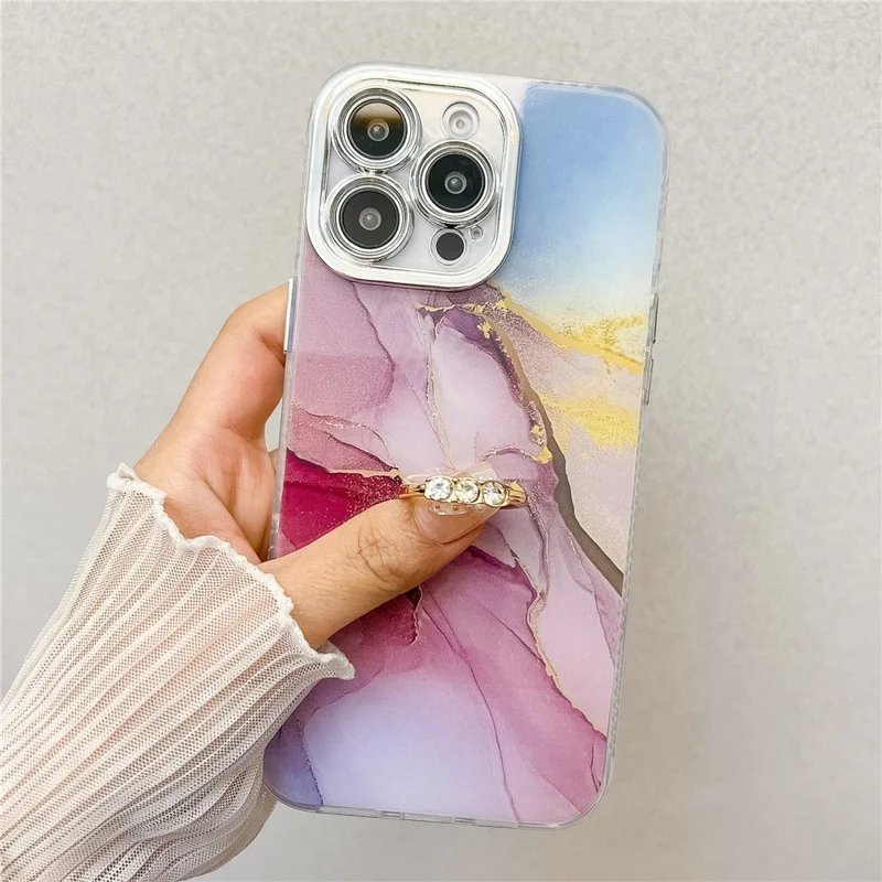 For iPhone 16 Pro Max Case with Kickstand IMD Marble Pattern Electroplated Phone Cover - S7