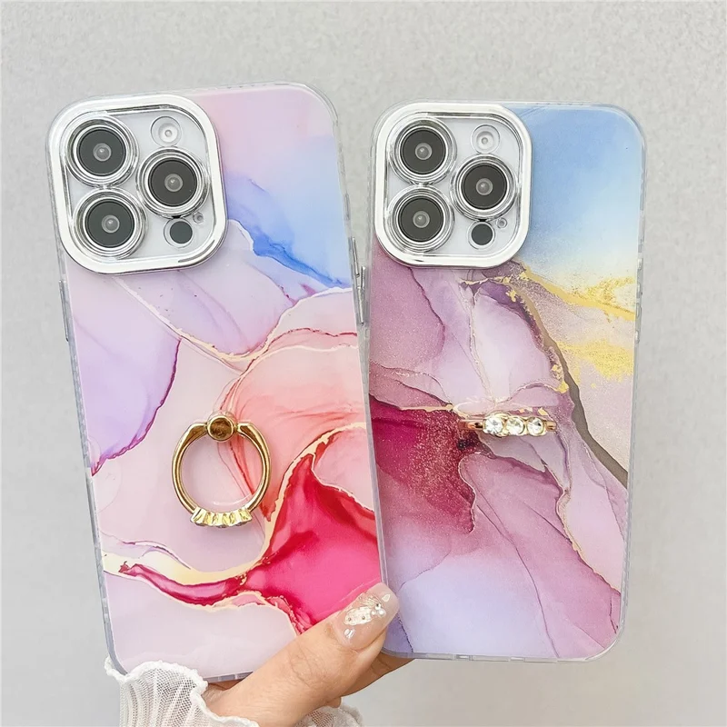For iPhone 16 Pro Max Case with Kickstand IMD Marble Pattern Electroplated Phone Cover - S7