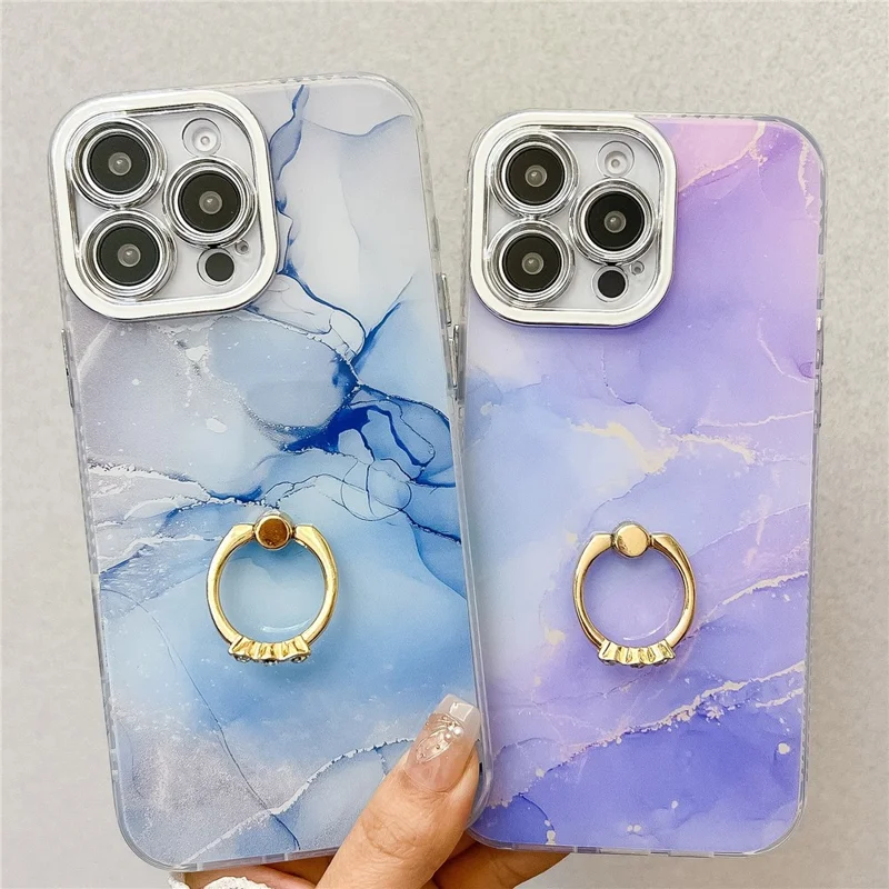 For iPhone 16 Pro Max Case with Kickstand IMD Marble Pattern Electroplated Phone Cover - S7