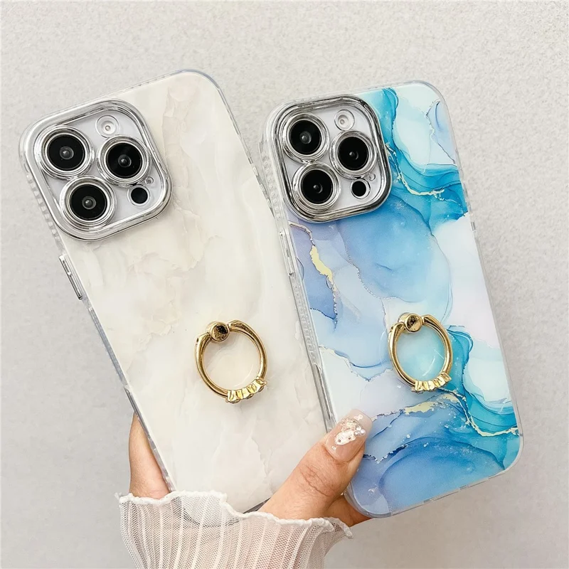 For iPhone 16 Pro Max Case with Kickstand IMD Marble Pattern Electroplated Phone Cover - S7