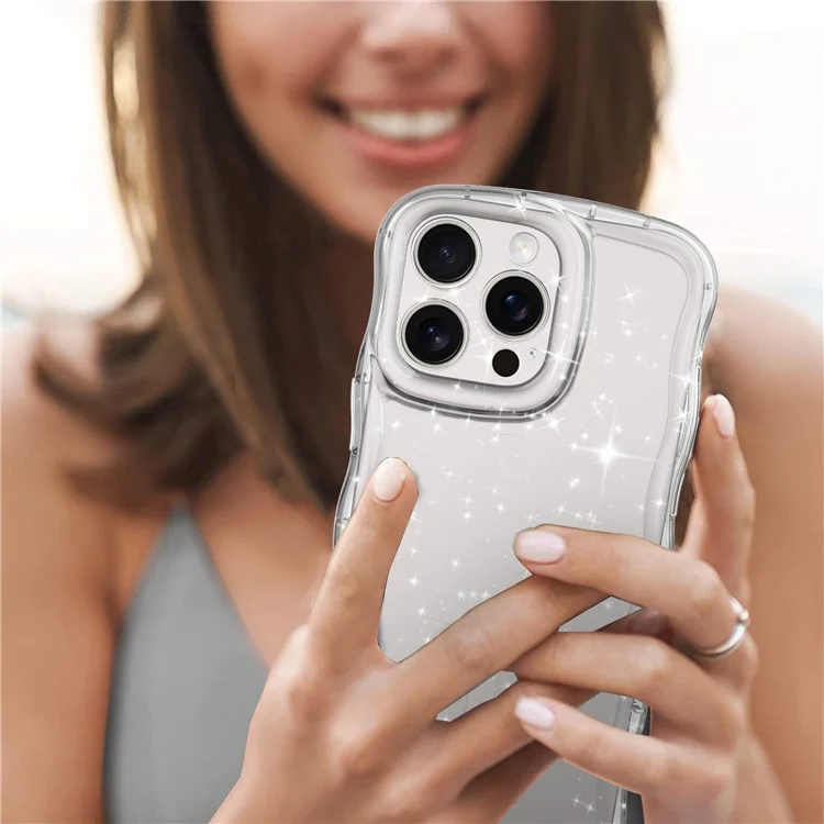 Coque pour iPhone 16 Pro Max avec bords ondulés, transparente avec paillettes, en TPU anti-chute