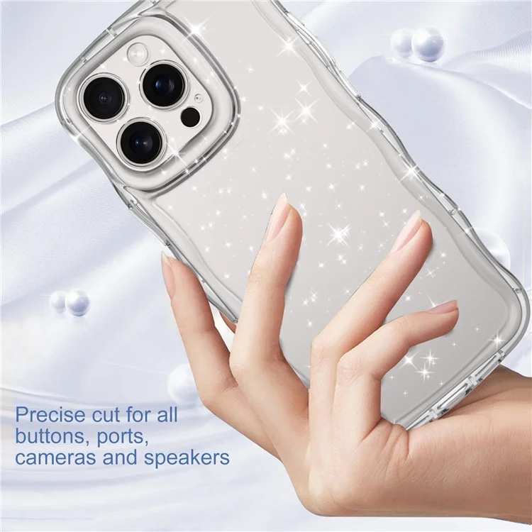 Coque pour iPhone 16 Pro Max avec bords ondulés, transparente avec paillettes, en TPU anti-chute