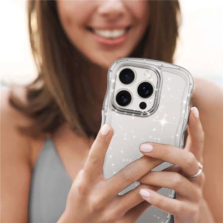 Funda para iPhone 16 Pro con borde ondulado, transparente, con purpurina de TPU y anti caídas