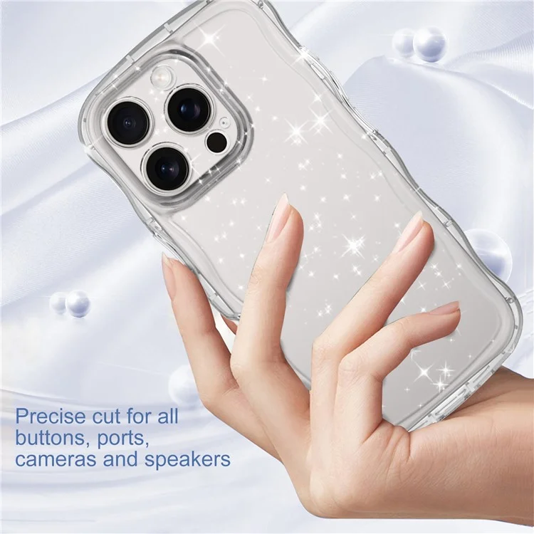 Funda para iPhone 16 Pro con borde ondulado, transparente, con purpurina de TPU y anti caídas