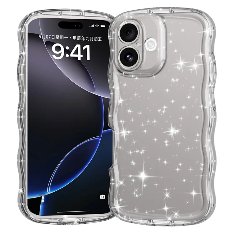 Funda para iPhone 16 con borde ondulado, transparente, con brillo de TPU y protección contra caídas.