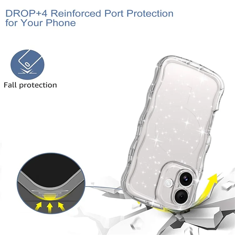 Funda para iPhone 16 con borde ondulado, transparente, con brillo de TPU y protección contra caídas.