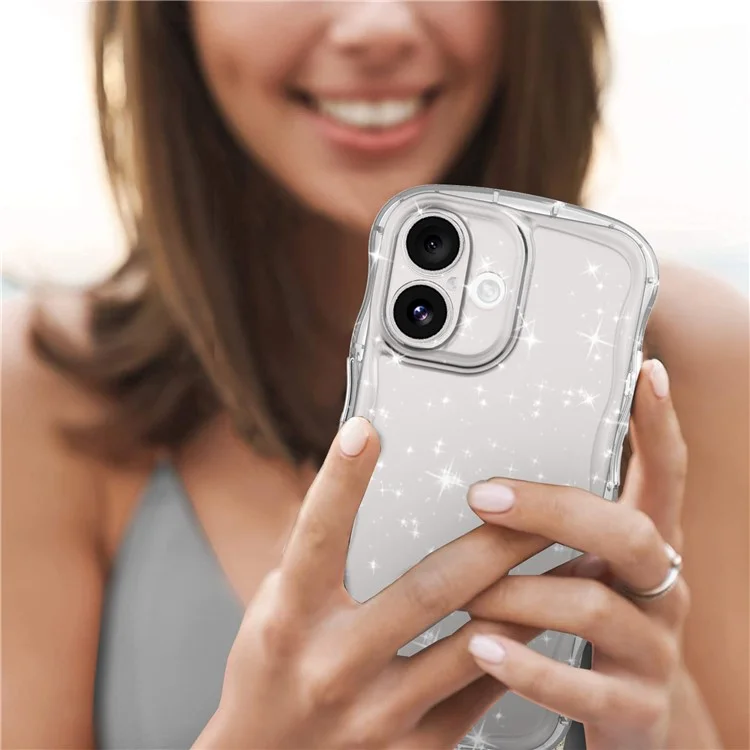 Funda para iPhone 16 con borde ondulado, transparente, con brillo de TPU y protección contra caídas.