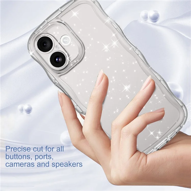 Funda para iPhone 16 con borde ondulado, transparente, con brillo de TPU y protección contra caídas.