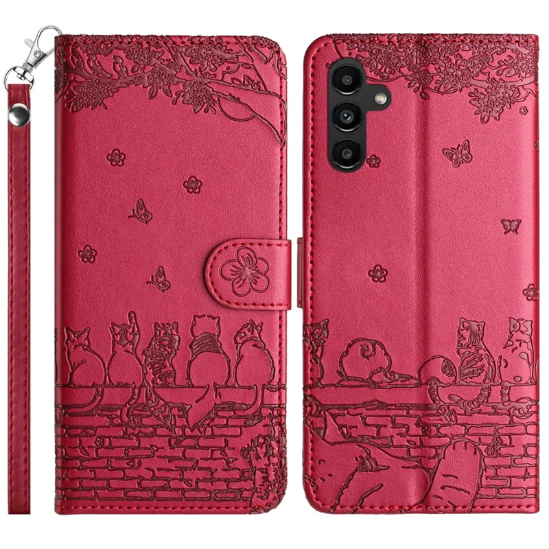 Capa com alça de pulso para Samsung Galaxy A26 5G, cobertura de telefone de couro com padrão de gatos na parede - Vermelho