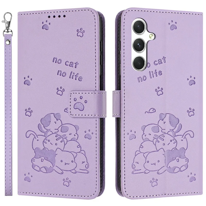 For Samsung Galaxy A36 5G Case with Strap Cats Imprint Leather Wallet Phone Cover - Purple