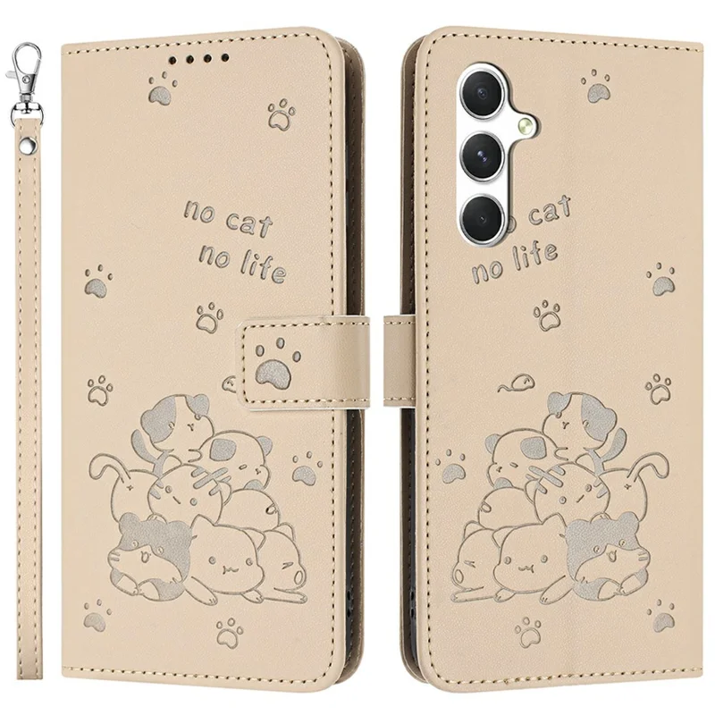 For Samsung Galaxy A36 5G Case with Strap Cats Imprint Leather Wallet Phone Cover - Beige