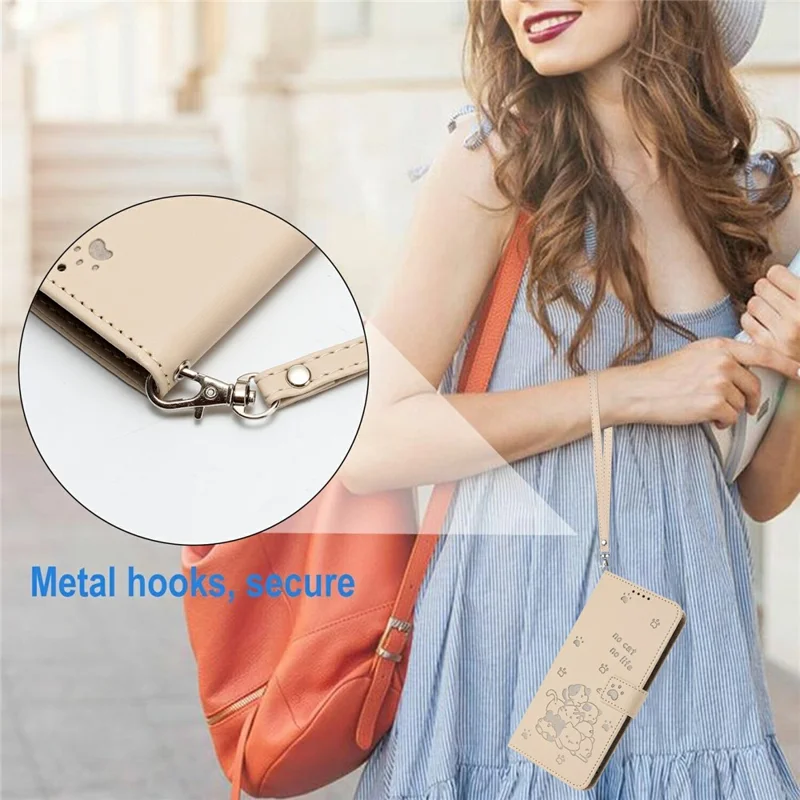 For Samsung Galaxy A36 5G Case with Strap Cats Imprint Leather Wallet Phone Cover - Beige