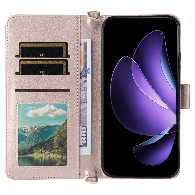 Чехол-кошелек для Oppo Reno13 5G (Global) с плечевым ремнем, кожаный чехол для телефона - Розовый