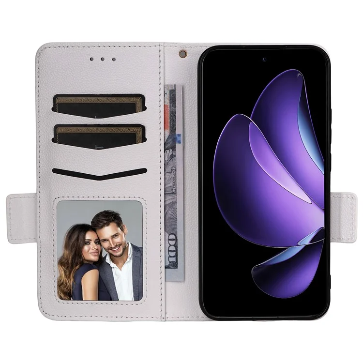 Étui pour Oppo Reno13 5G (version mondiale) en texture de litchi, portefeuille en cuir PU avec rabat - Blanc
