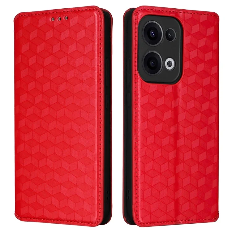 Funda de cartera con diseño de rombos grabados en piel para Oppo Reno13 5G (Global) - Rojo