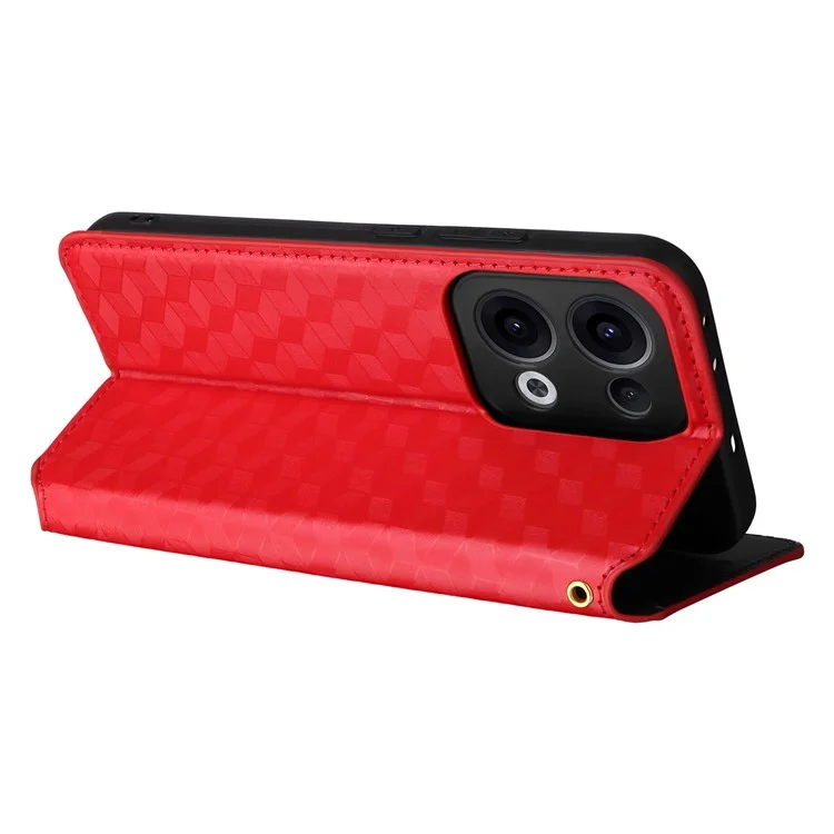 Funda de cartera con diseño de rombos grabados en piel para Oppo Reno13 5G (Global) - Rojo