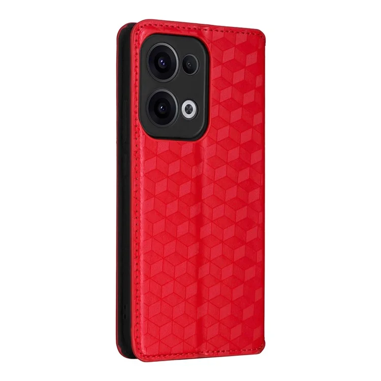 Funda de cartera con diseño de rombos grabados en piel para Oppo Reno13 5G (Global) - Rojo