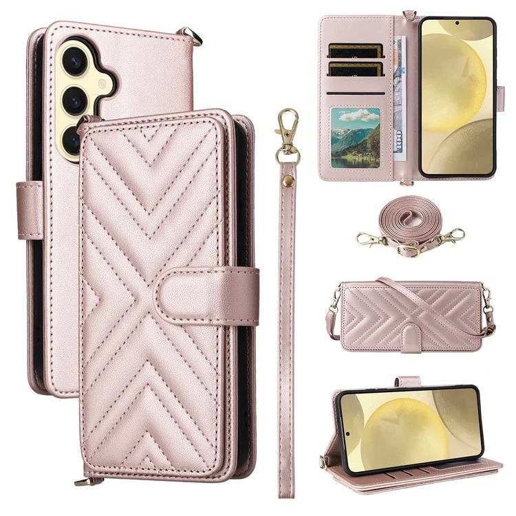 Für Samsung Galaxy S25+ Brieftasche mit Schultergurt Leder Handyhülle - Pink