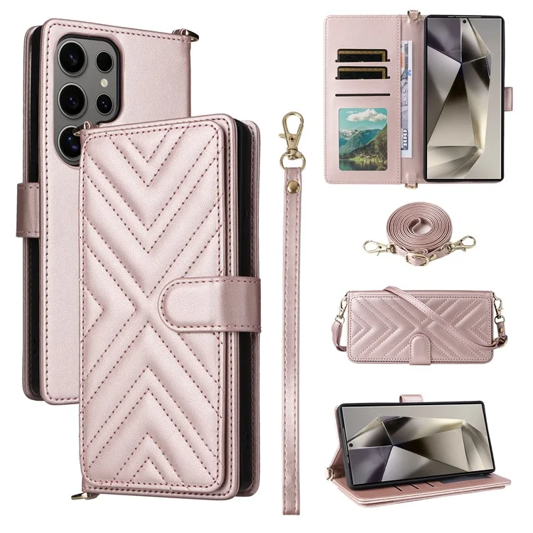 Für Samsung Galaxy S25 Ultra Geldbörsen-Hülle mit Schultergurt, Leder-Handyhülle - Pink