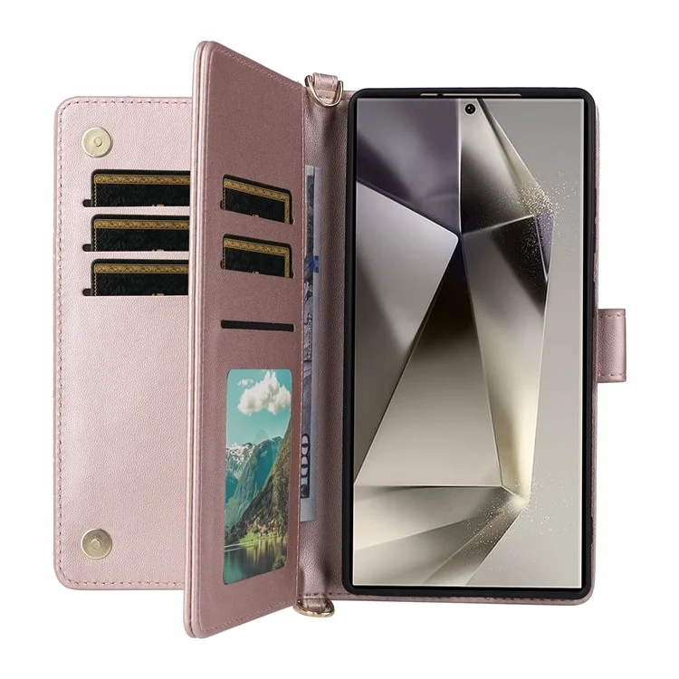 Für Samsung Galaxy S25 Ultra Geldbörsen-Hülle mit Schultergurt, Leder-Handyhülle - Pink