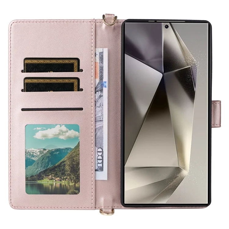 Für Samsung Galaxy S25 Ultra Geldbörsen-Hülle mit Schultergurt, Leder-Handyhülle - Pink