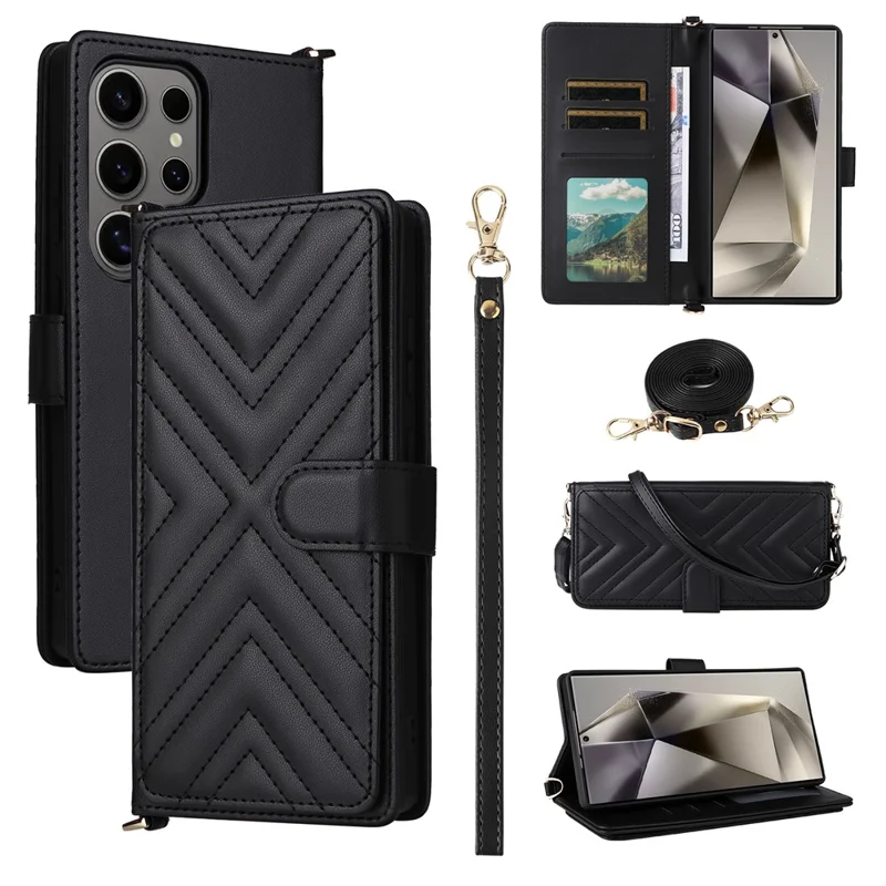 For Samsung Galaxy S25 Ultra Wallet Case with Shoulder / Wrist Strap Leather Phone Cover Stand - Black