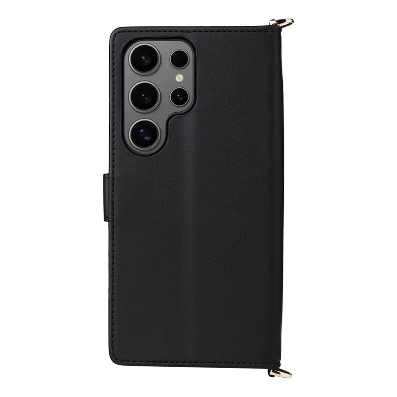 For Samsung Galaxy S25 Ultra Wallet Case with Shoulder / Wrist Strap Leather Phone Cover Stand - Black