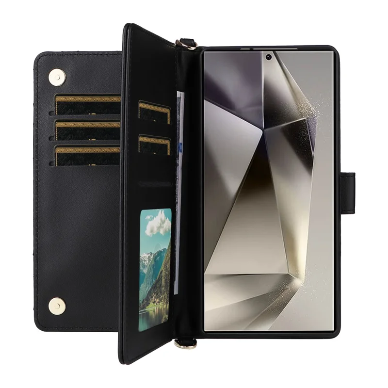 For Samsung Galaxy S25 Ultra Wallet Case with Shoulder / Wrist Strap Leather Phone Cover Stand - Black