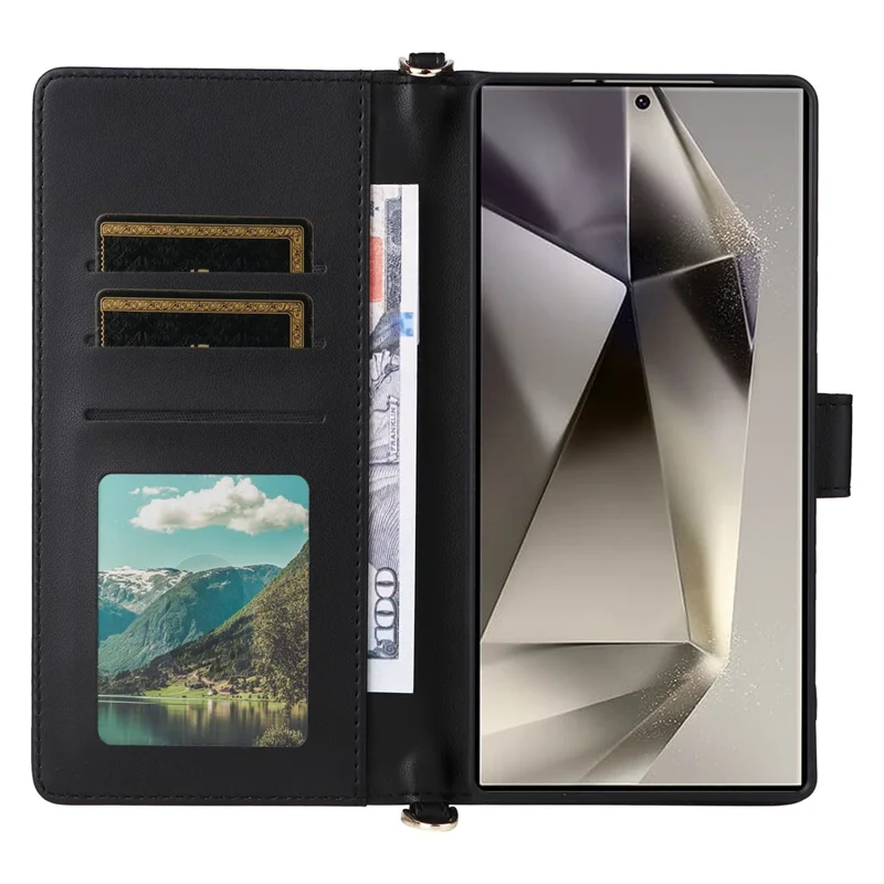 For Samsung Galaxy S25 Ultra Wallet Case with Shoulder / Wrist Strap Leather Phone Cover Stand - Black