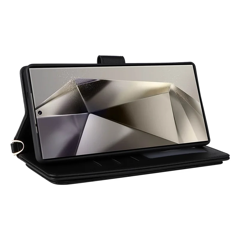 For Samsung Galaxy S25 Ultra Wallet Case with Shoulder / Wrist Strap Leather Phone Cover Stand - Black