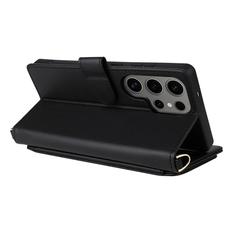 For Samsung Galaxy S25 Ultra Wallet Case with Shoulder / Wrist Strap Leather Phone Cover Stand - Black