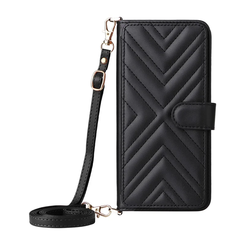 For Samsung Galaxy S25 Ultra Wallet Case with Shoulder / Wrist Strap Leather Phone Cover Stand - Black