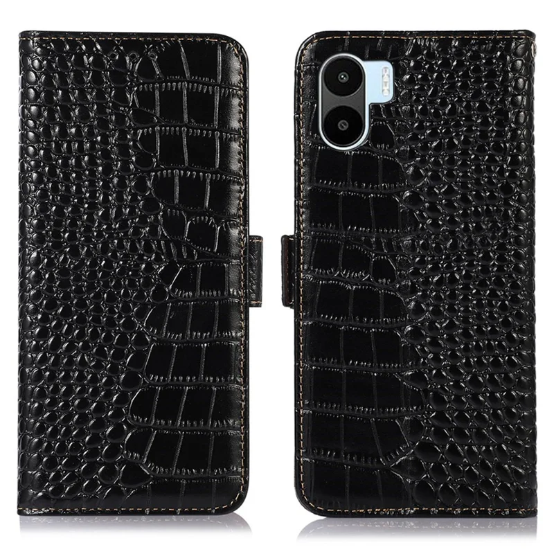 For Xiaomi Redmi A1 4G Drop-proof Genuine Cowhide Leather Smartphone Cover Stand RFID Blocking Crocodile Texture Wallet Case Phone Shell - Black