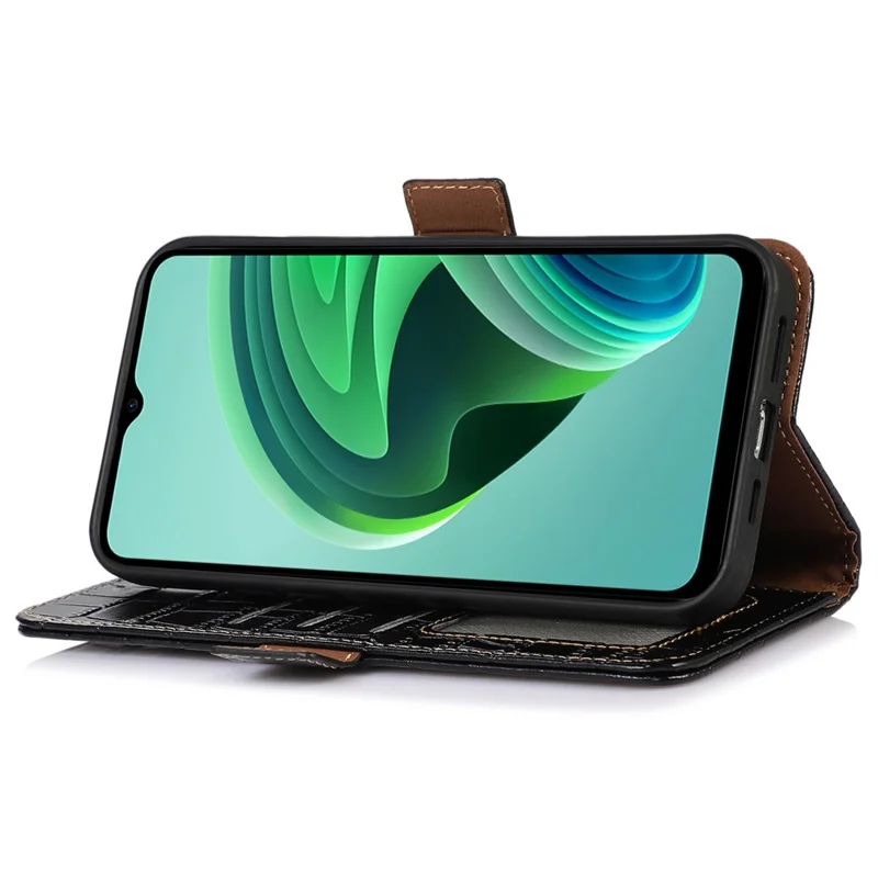 For Xiaomi Redmi A1 4G Drop-proof Genuine Cowhide Leather Smartphone Cover Stand RFID Blocking Crocodile Texture Wallet Case Phone Shell - Black