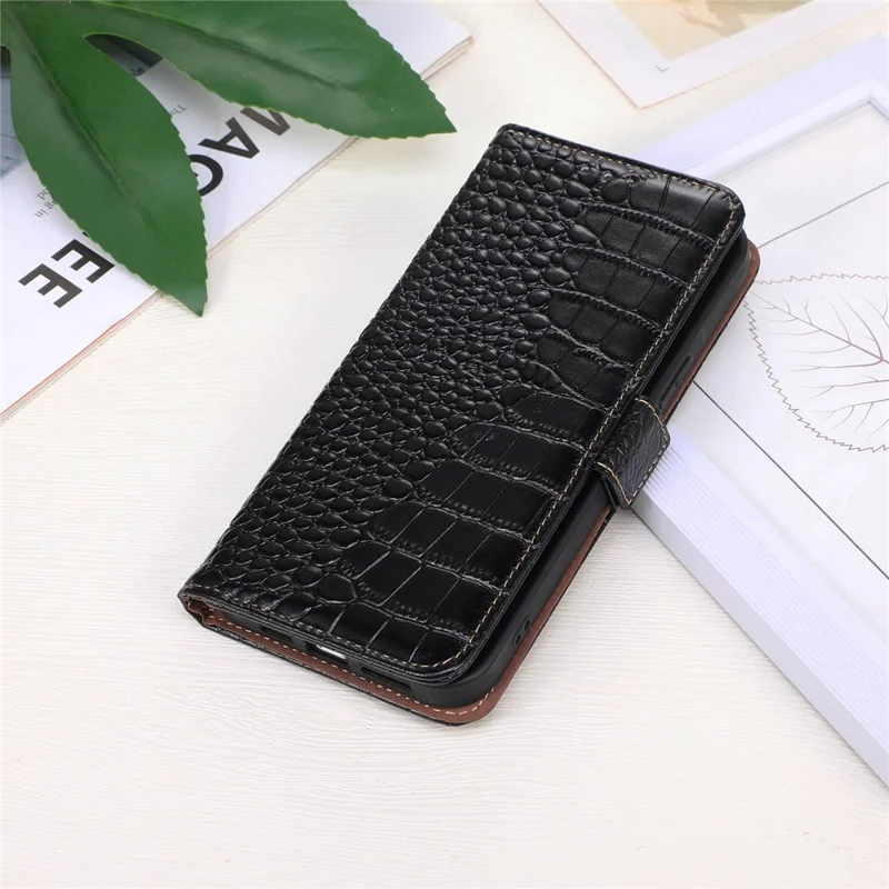 For Xiaomi Redmi A1 4G Drop-proof Genuine Cowhide Leather Smartphone Cover Stand RFID Blocking Crocodile Texture Wallet Case Phone Shell - Black