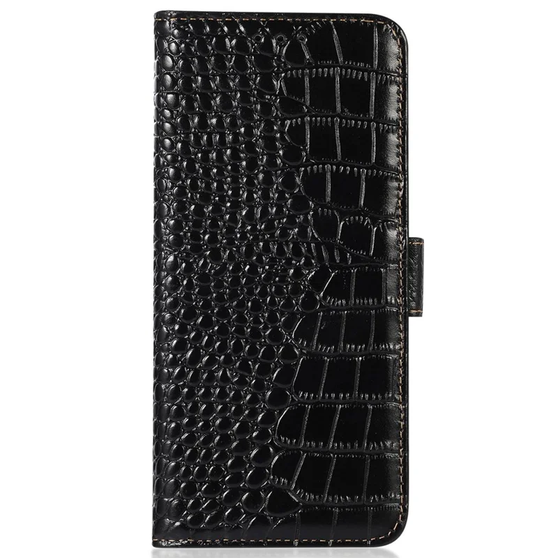 For Xiaomi Redmi A1 4G Drop-proof Genuine Cowhide Leather Smartphone Cover Stand RFID Blocking Crocodile Texture Wallet Case Phone Shell - Black