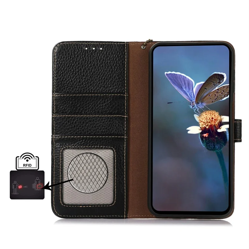 Для OnePlus Ace 5 5G / 13R 5G чехол с блокировкой RFID из натуральной кожи коровы с текстурой личи - черный