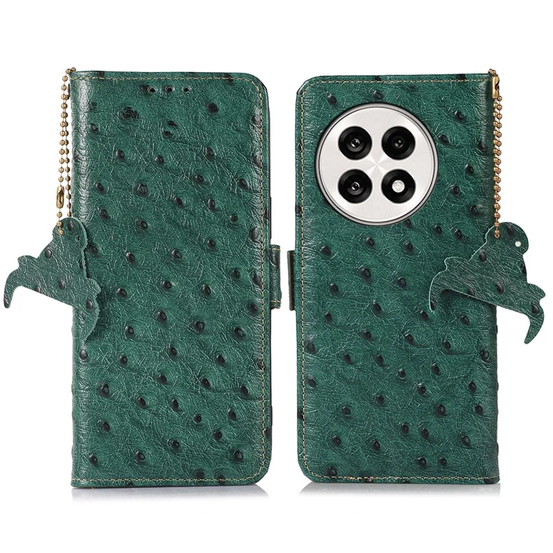 For OnePlus Ace 5 5G / 13R 5G Case RFID Blocking Genuine Cow Leather Phone Case Ostrich Texture - Green