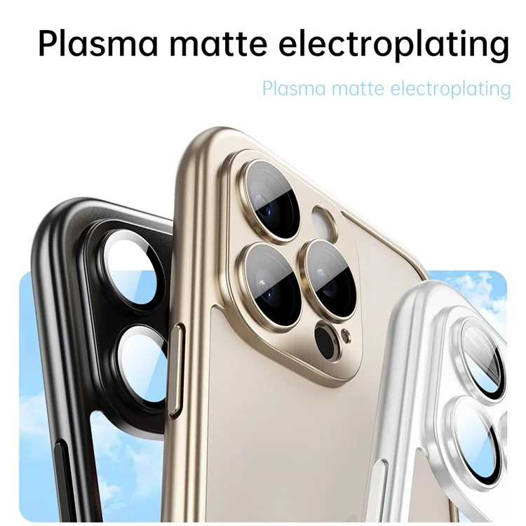 Custodia paraurti per iPhone 16 Pro Max, rivestimento protettivo in PC rigido con elettroplaccatura e pellicola per obiettivo della fotocamera - Oro