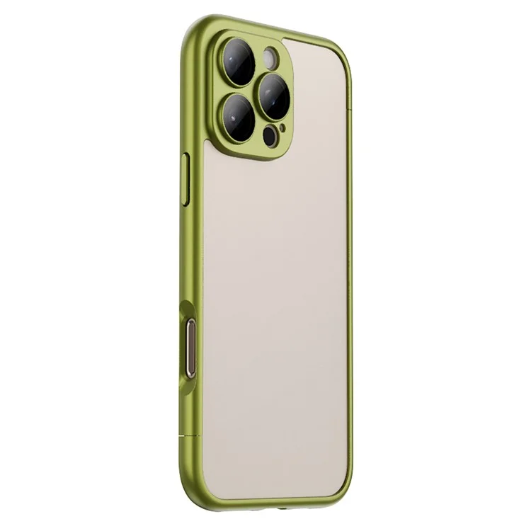 Capa rígida de PC com moldura emborrachada para iPhone 16 Pro, design oco com cobertura de telefone fosca e película de lente de vidro - Verde