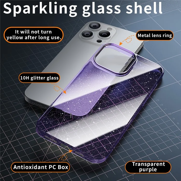 Coque pour iPhone 16 Pro en PC + verre pailleté Housse de protection pour téléphone - Violet transparent