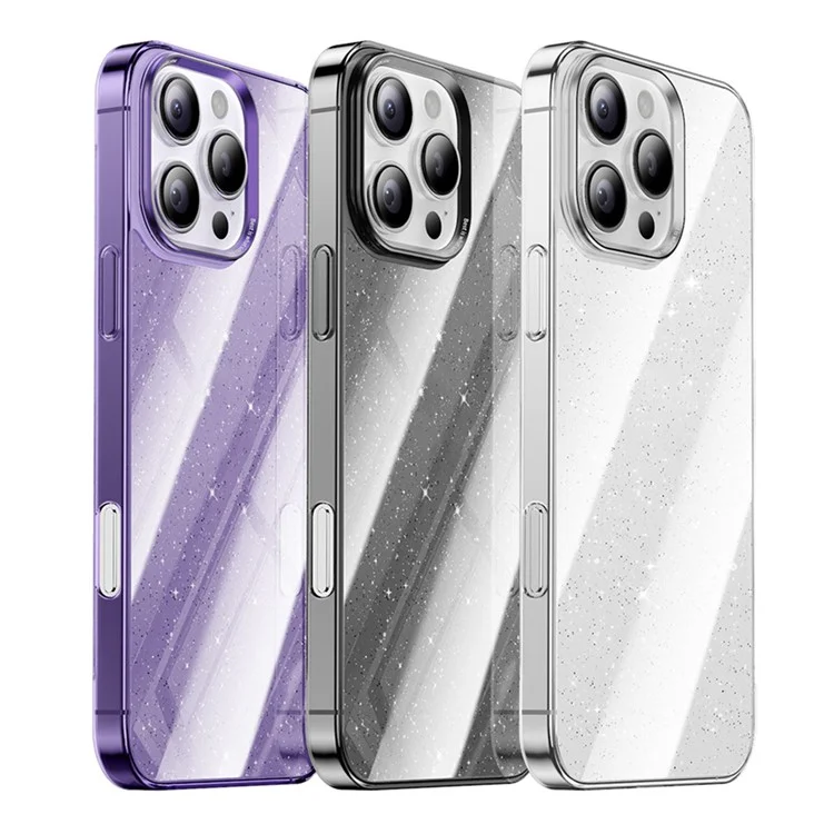 Coque pour iPhone 16 Pro en PC + verre pailleté Housse de protection pour téléphone - Violet transparent