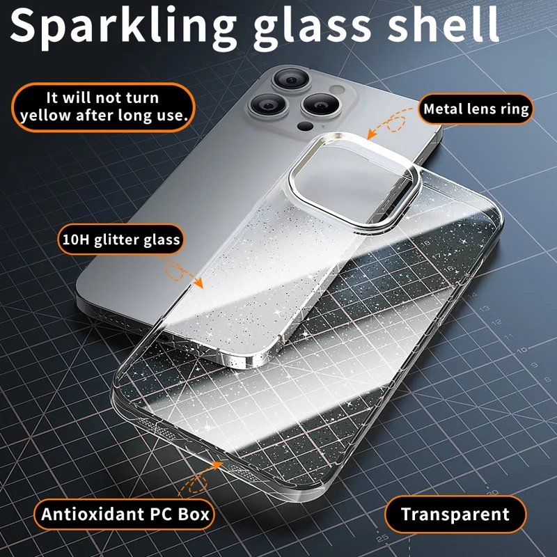 For iPhone 16 Pro Case PC + Glitter Glass Protective Phone Cover - Transparent