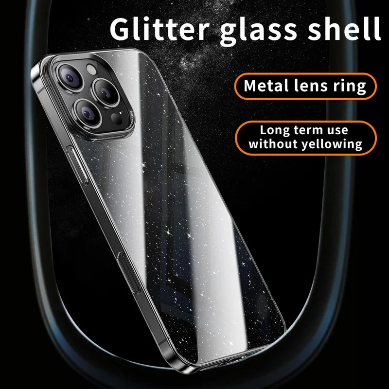 For iPhone 16 Pro Case PC + Glitter Glass Protective Phone Cover - Transparent