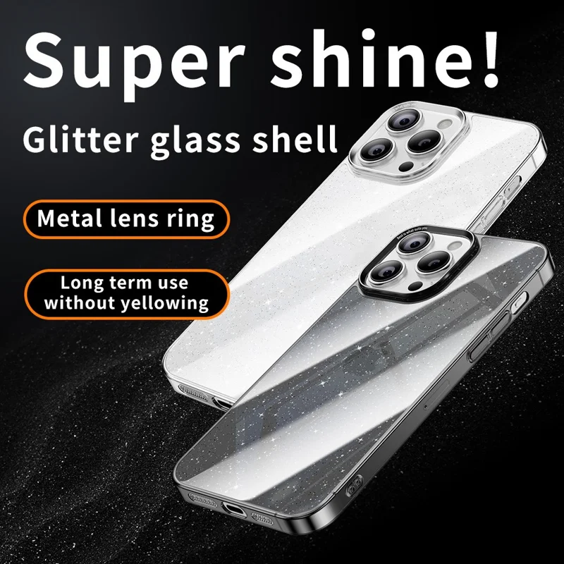 For iPhone 16 Pro Case PC + Glitter Glass Protective Phone Cover - Transparent