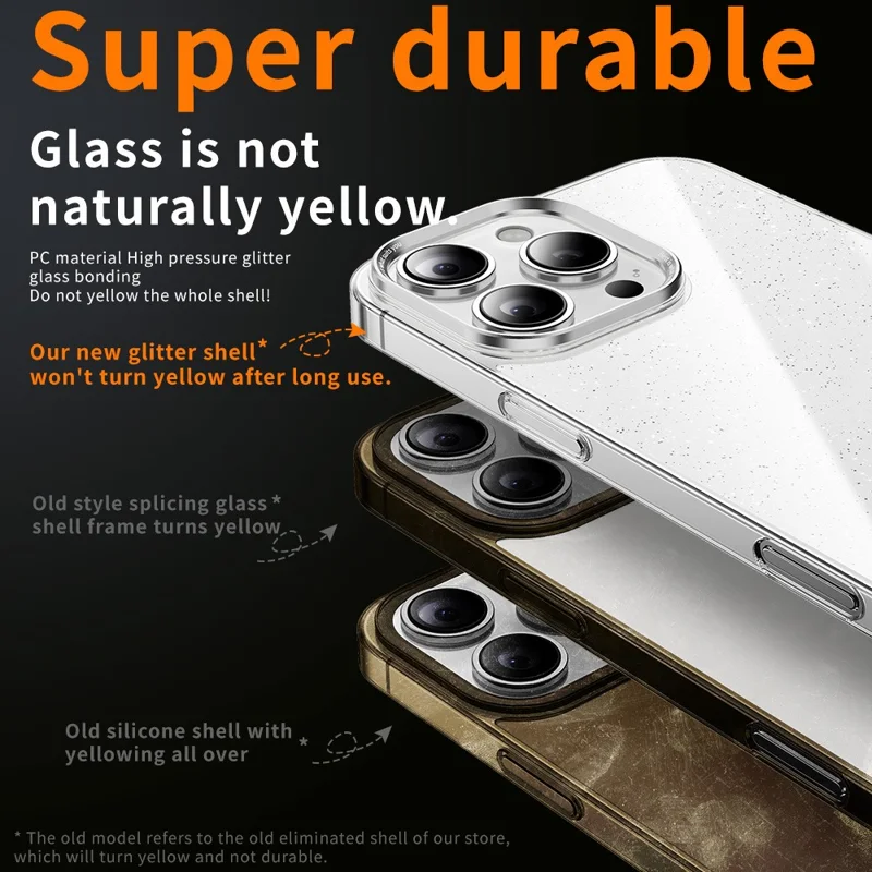 For iPhone 16 Pro Case PC + Glitter Glass Protective Phone Cover - Transparent