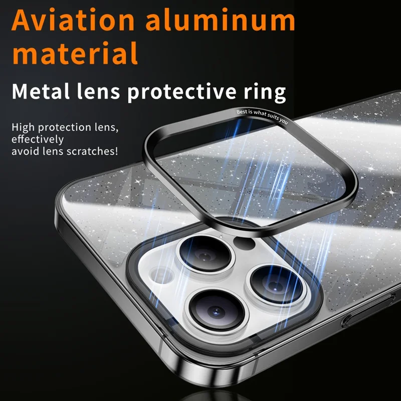For iPhone 16 Pro Case PC + Glitter Glass Protective Phone Cover - Transparent