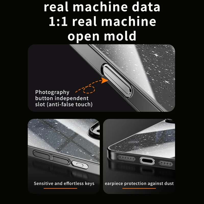 For iPhone 16 Pro Case PC + Glitter Glass Protective Phone Cover - Transparent