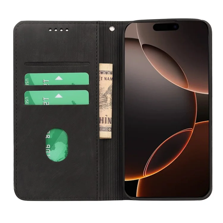 Custodia per iPhone 16 Pro Max, in pelle magnetica resistente, con copertura per telefono e texture a righe - Nero