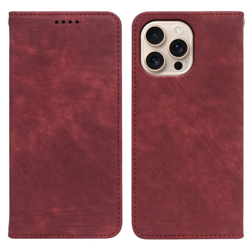 For iPhone 16 Pro Case Strong Magnetic Leather Wallet Phone Cover with Striped Texture - Red